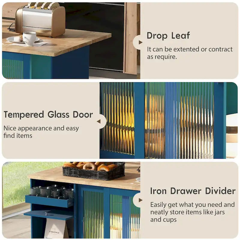 LED Light Kitchen Cart on Wheels with 2 Fluted Glass Doors