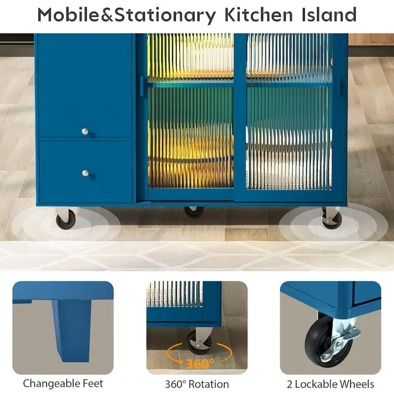 LED Light Kitchen Cart on Wheels with 2 Fluted Glass Doors