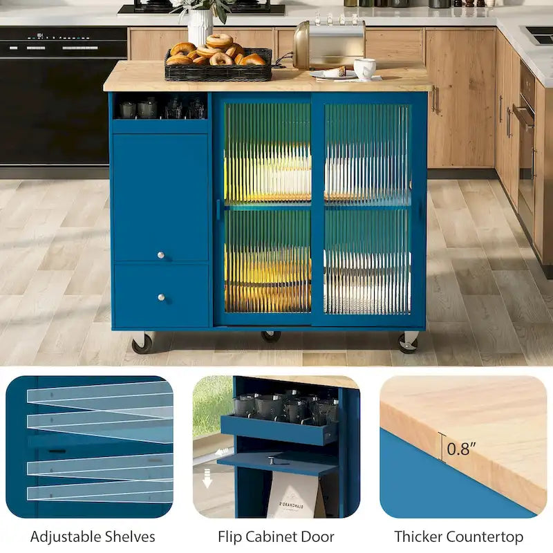 LED Light Kitchen Cart on Wheels with 2 Fluted Glass Doors