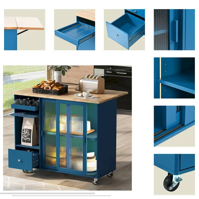 LED Light Kitchen Cart on Wheels with 2 Fluted Glass Doors