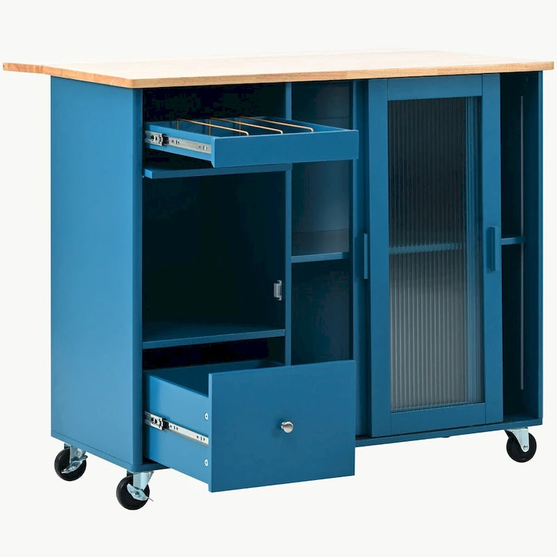 LED Light Kitchen Cart on Wheels with 2 Fluted Glass Doors