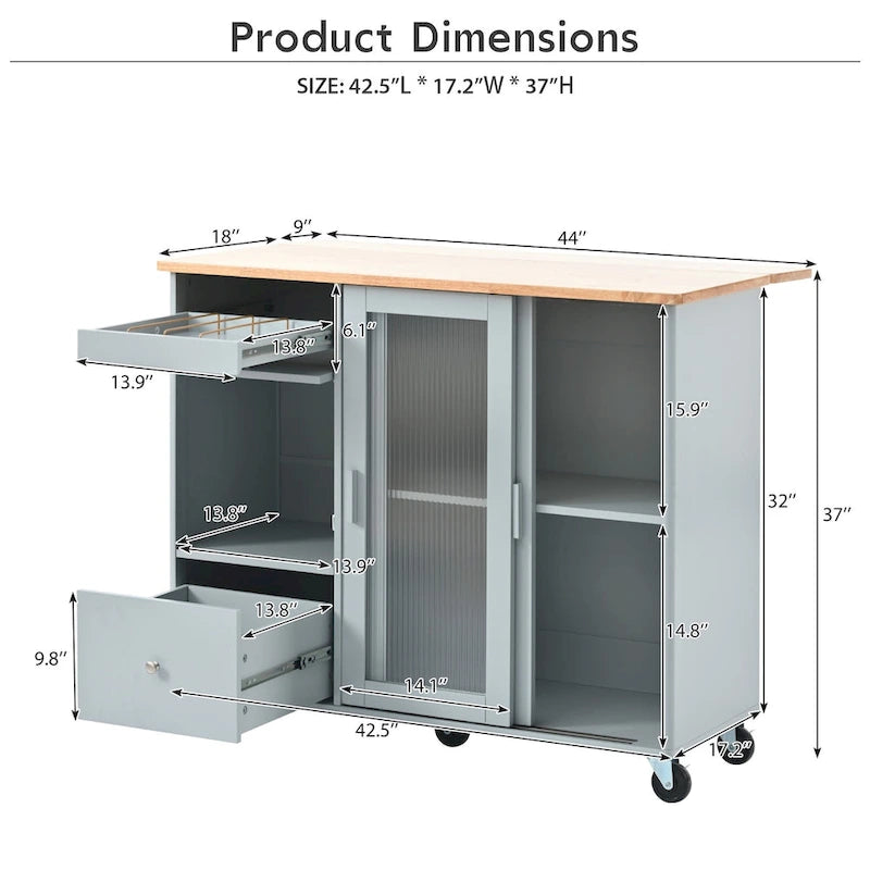 LED Light Kitchen Cart on Wheels with 2 Fluted Glass Doors