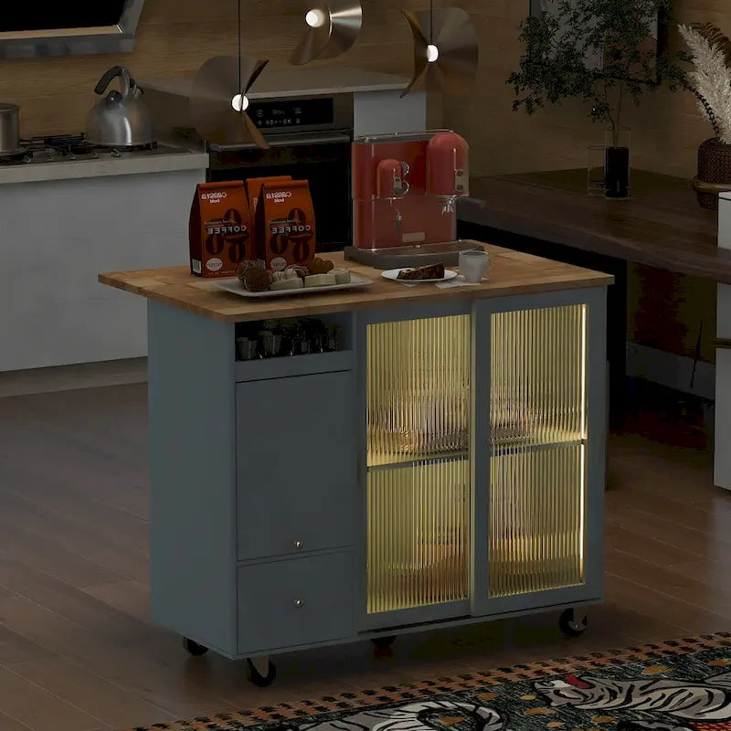 LED Light Kitchen Cart on Wheels with 2 Fluted Glass Doors