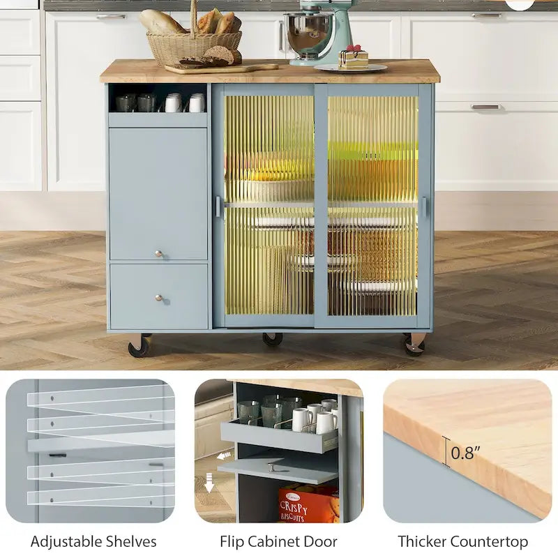 LED Light Kitchen Cart on Wheels with 2 Fluted Glass Doors