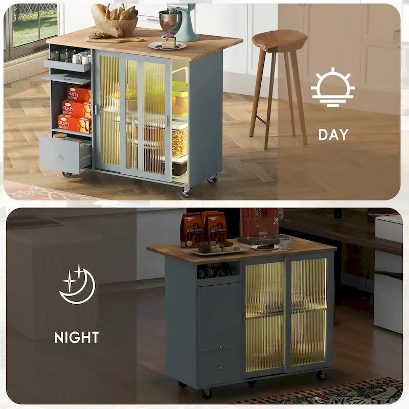 LED Light Kitchen Cart on Wheels with 2 Fluted Glass Doors