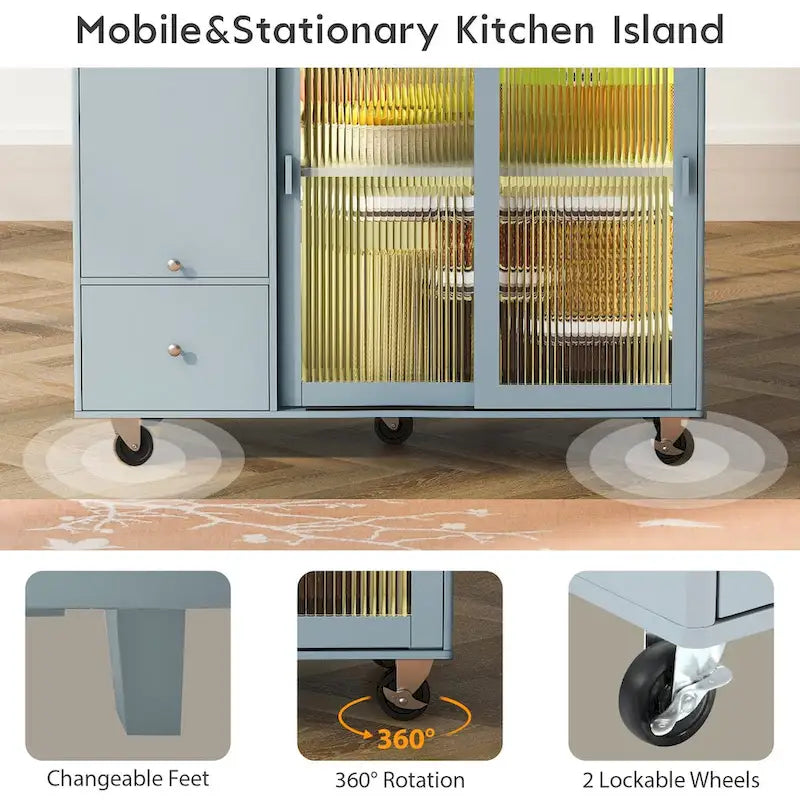 LED Light Kitchen Cart on Wheels with 2 Fluted Glass Doors