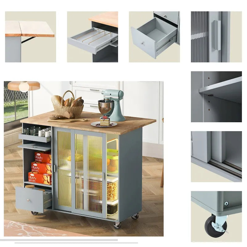 LED Light Kitchen Cart on Wheels with 2 Fluted Glass Doors