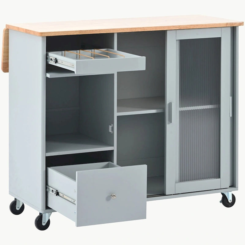 LED Light Kitchen Cart on Wheels with 2 Fluted Glass Doors
