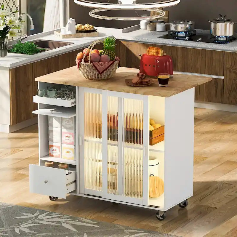 LED Light Kitchen Cart on Wheels with 2 Fluted Glass Doors