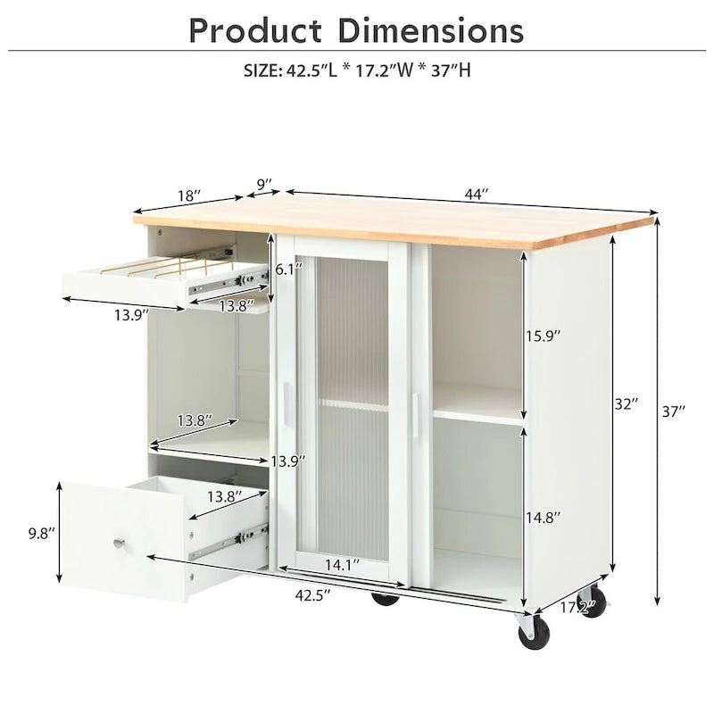 LED Light Kitchen Cart on Wheels with 2 Fluted Glass Doors