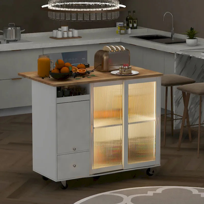 LED Light Kitchen Cart on Wheels with 2 Fluted Glass Doors