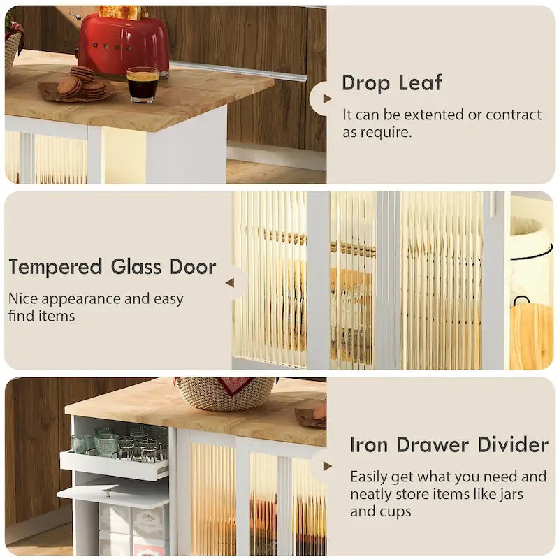 LED Light Kitchen Cart on Wheels with 2 Fluted Glass Doors