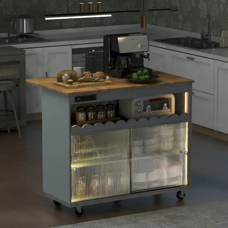 LED Light Kitchen Island on Wheels with Drop Leaf and Power Outlets