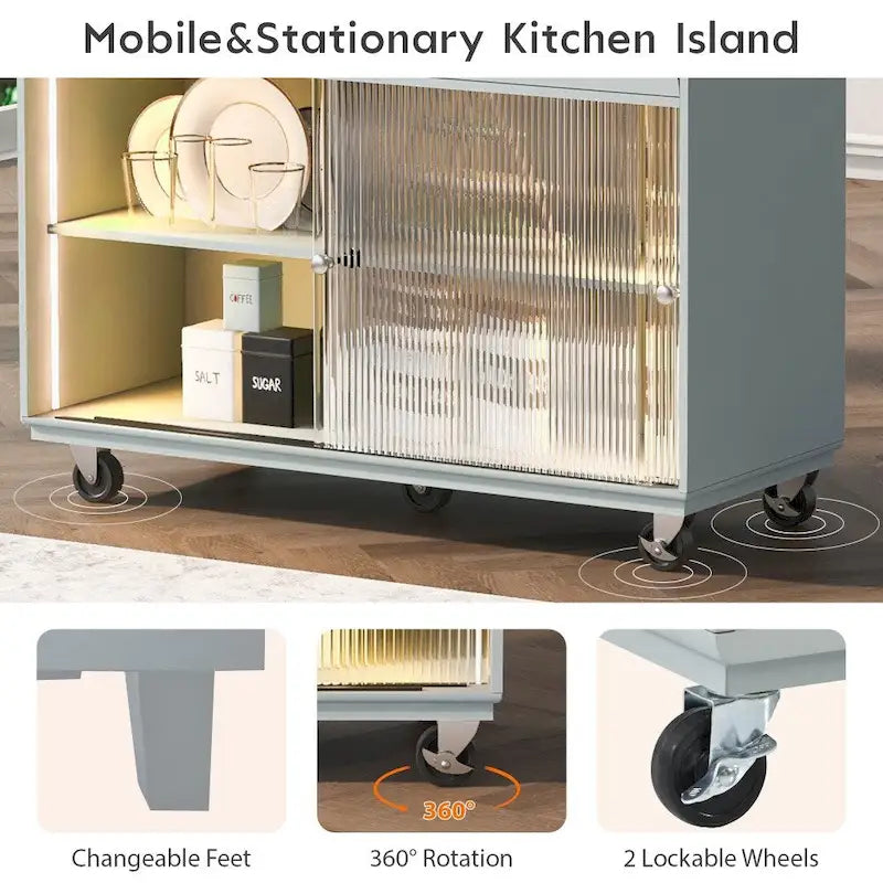 LED Light Kitchen Island on Wheels with Drop Leaf and Power Outlets