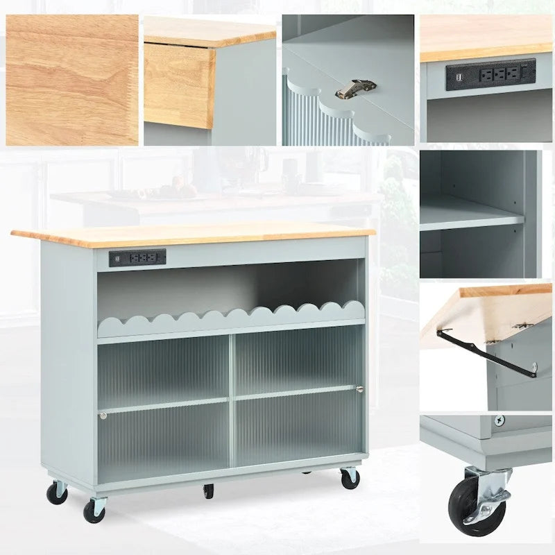 LED Light Kitchen Island on Wheels with Drop Leaf and Power Outlets