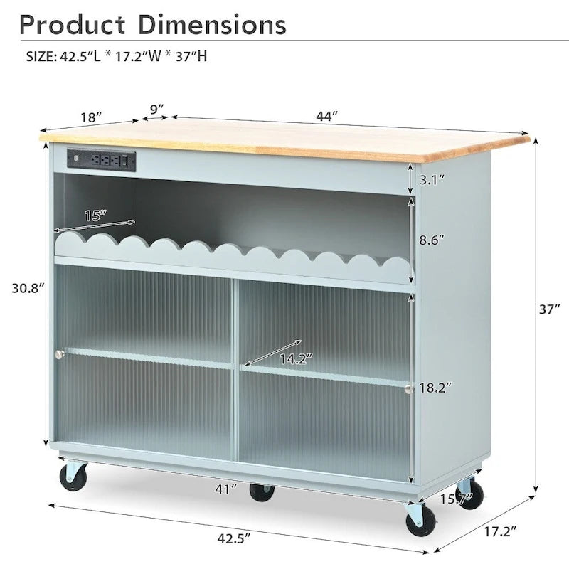 LED Light Kitchen Island on Wheels with Drop Leaf and Power Outlets