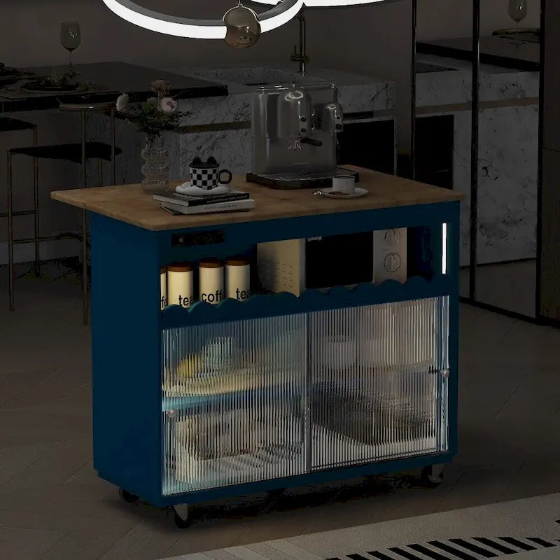 LED Light Kitchen Island on Wheels with Drop Leaf and Power Outlets