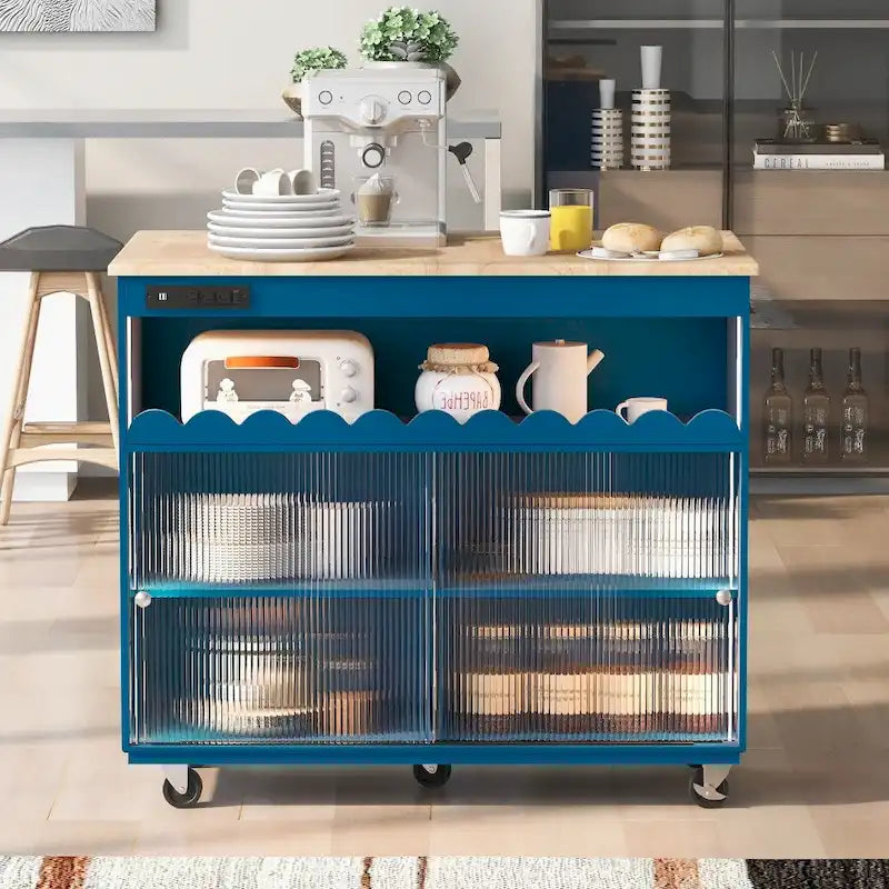 LED Light Kitchen Island on Wheels with Drop Leaf and Power Outlets