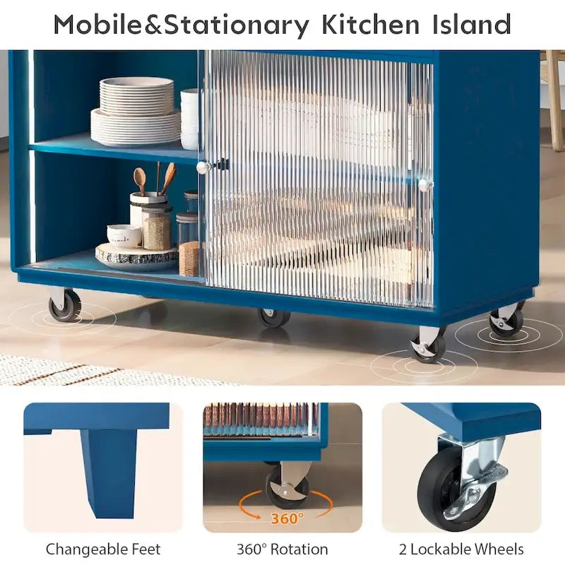 LED Light Kitchen Island on Wheels with Drop Leaf and Power Outlets