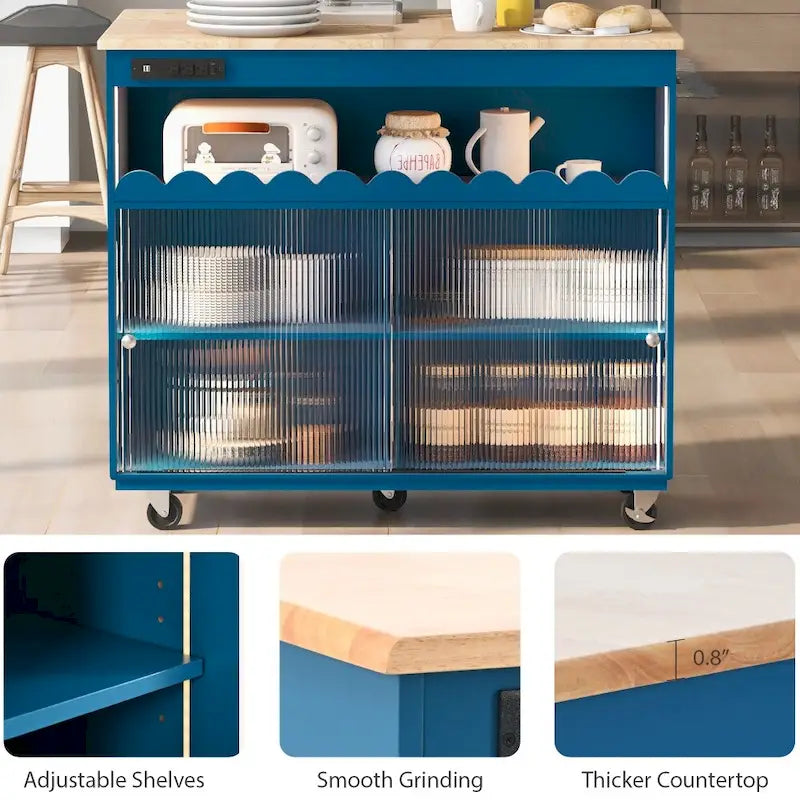 LED Light Kitchen Island on Wheels with Drop Leaf and Power Outlets