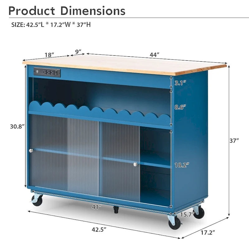 LED Light Kitchen Island on Wheels with Drop Leaf and Power Outlets