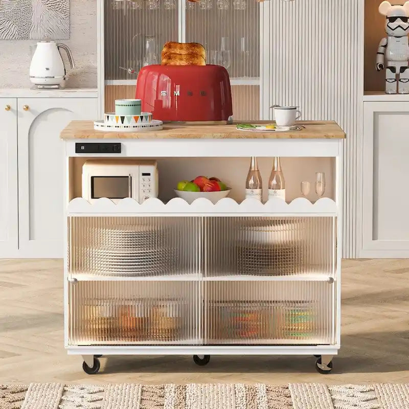 LED Light Kitchen Island on Wheels with Drop Leaf and Power Outlets