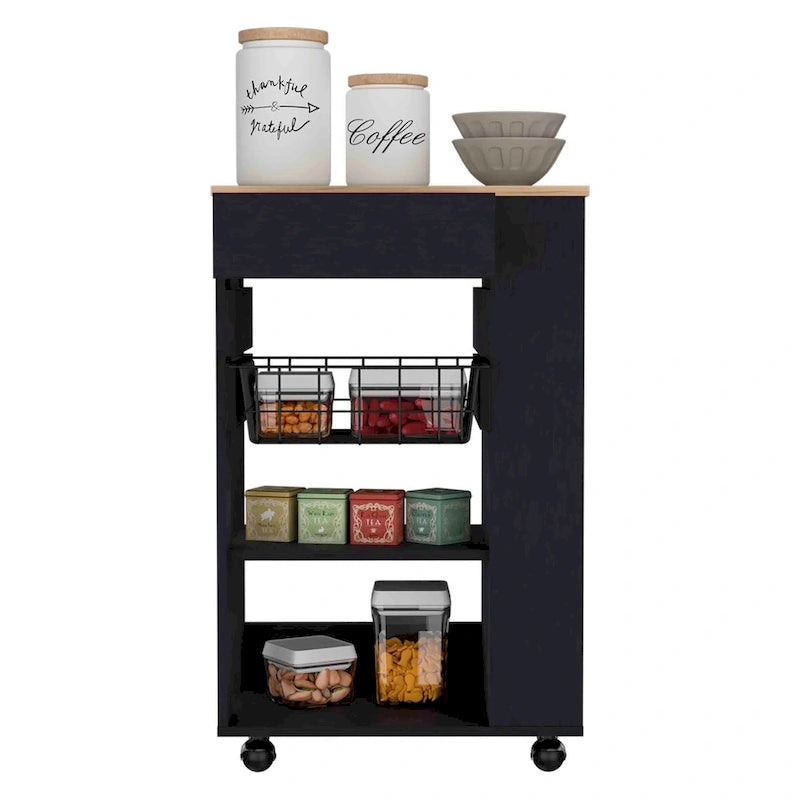Kitchen Cart, One Drawer, Two Open Shelves, Four Casters -White / Light Oak