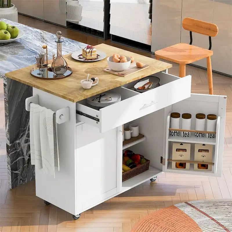 Rolling Kitchen Cart with Adjustable Shelf, Tower Rack and Rubber Top