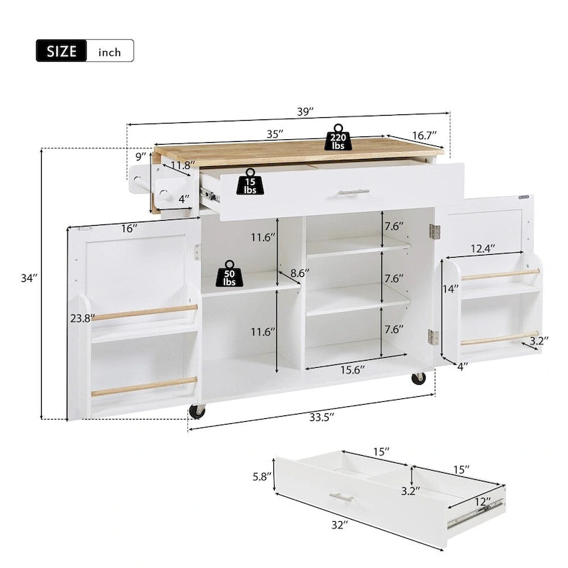 Rolling Kitchen Cart with Adjustable Shelf, Tower Rack and Rubber Top