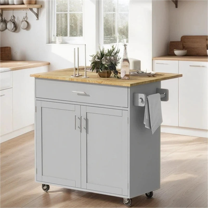 Rolling Kitchen Cart with Adjustable Shelf, Tower Rack and Rubber Top