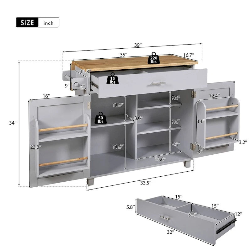 Rolling Kitchen Cart with Adjustable Shelf, Tower Rack and Rubber Top