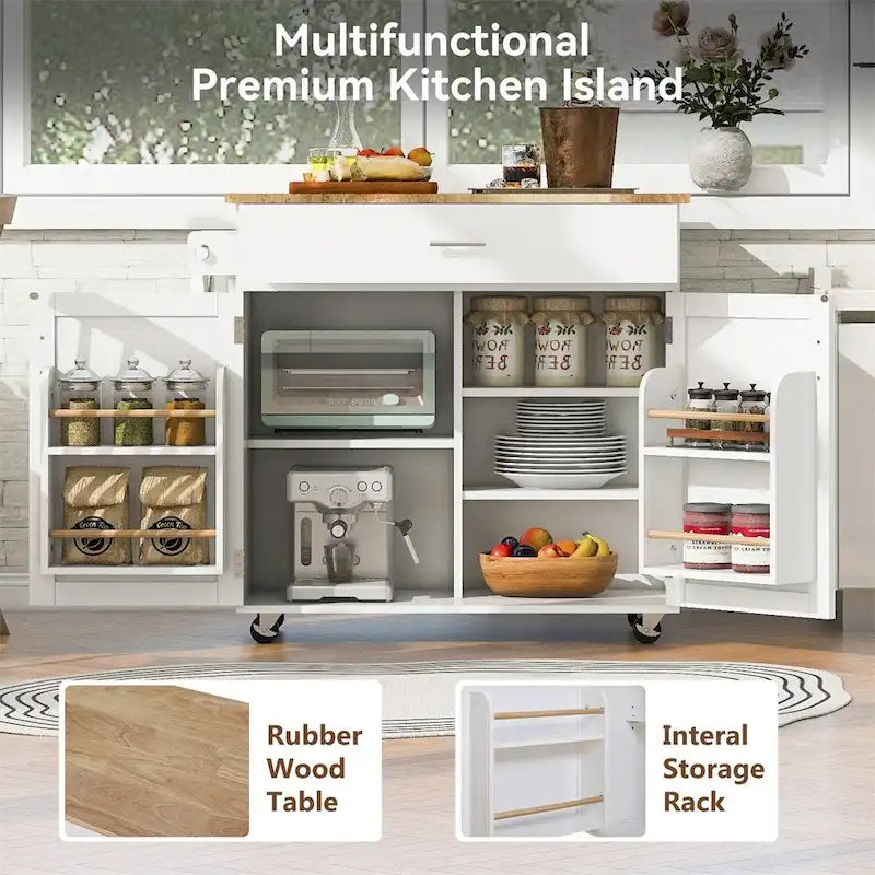 Rolling Kitchen Cart with Adjustable Shelf, Tower Rack and Rubber Top