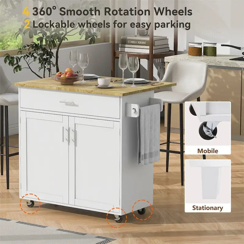 Rolling Kitchen Cart with Adjustable Shelf, Tower Rack and Rubber Top