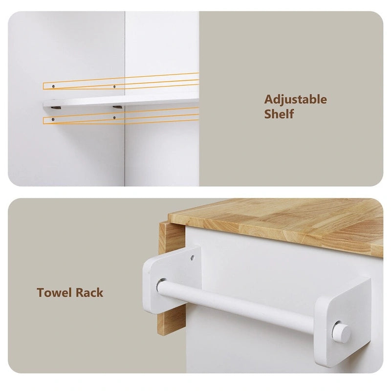 Rolling Kitchen Cart with Adjustable Shelf, Tower Rack and Rubber Top