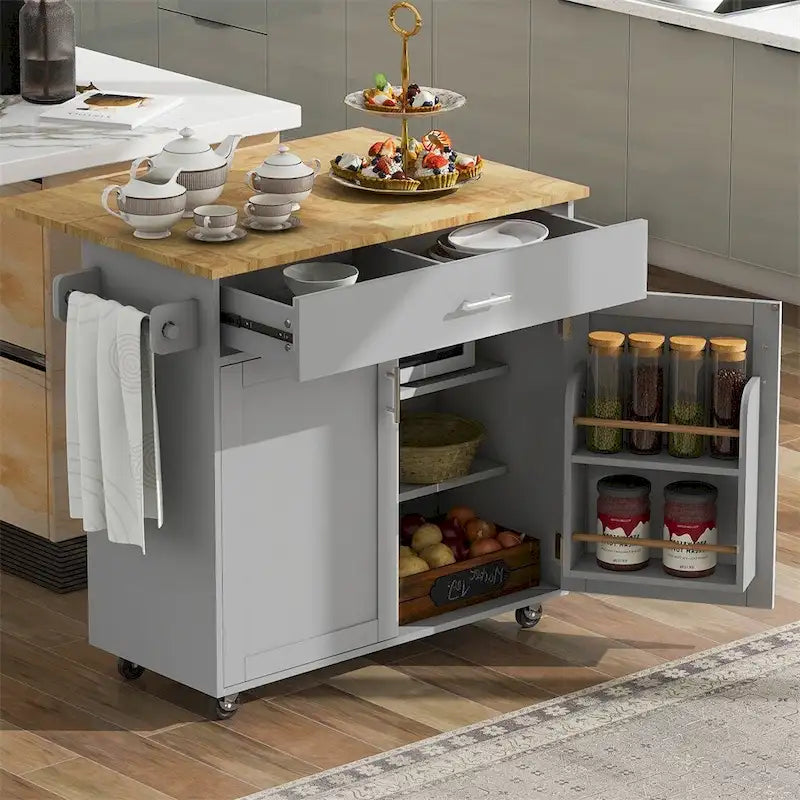 Rolling Kitchen Cart with Adjustable Shelf, Tower Rack and Rubber Top