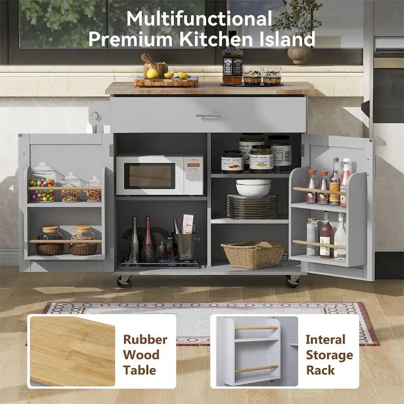 Rolling Kitchen Cart with Adjustable Shelf, Tower Rack and Rubber Top