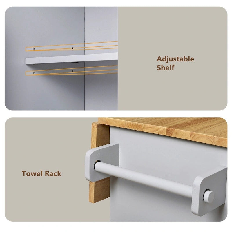 Rolling Kitchen Cart with Adjustable Shelf, Tower Rack and Rubber Top
