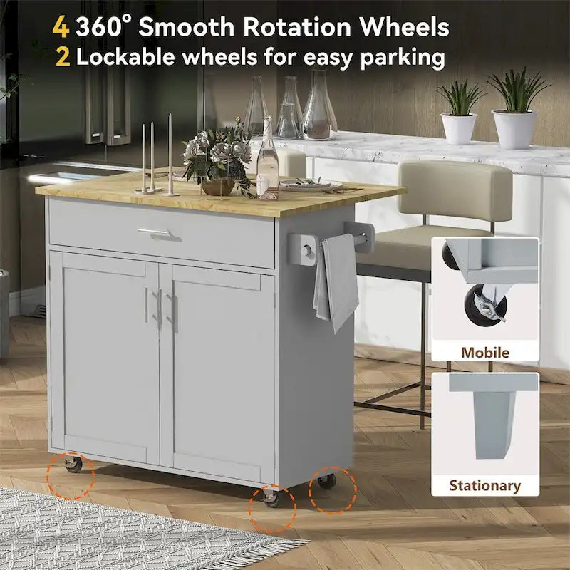 Rolling Kitchen Cart with Adjustable Shelf, Tower Rack and Rubber Top