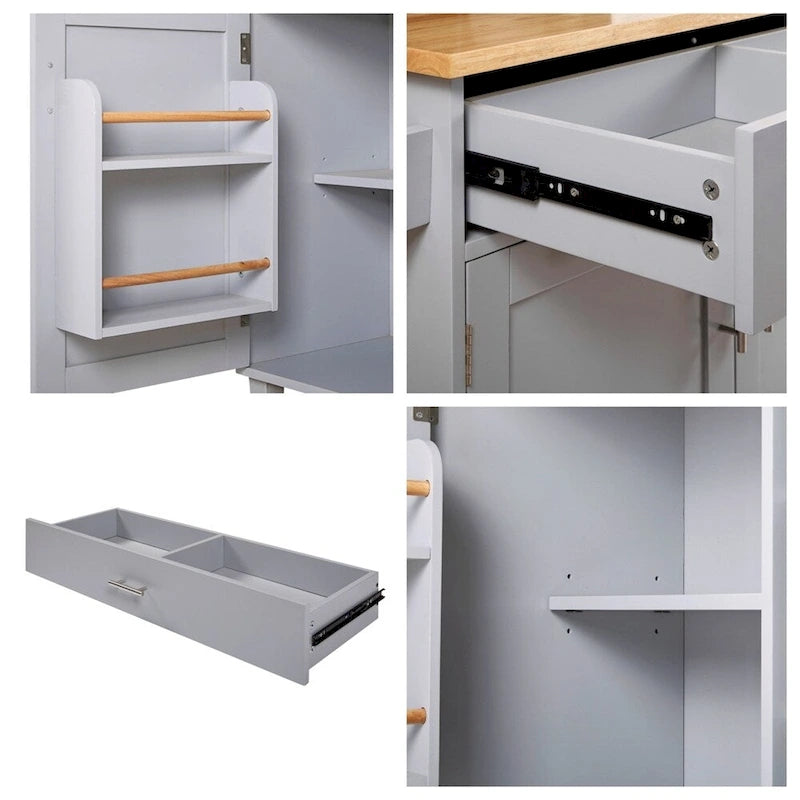 Rolling Kitchen Cart with Adjustable Shelf, Tower Rack and Rubber Top