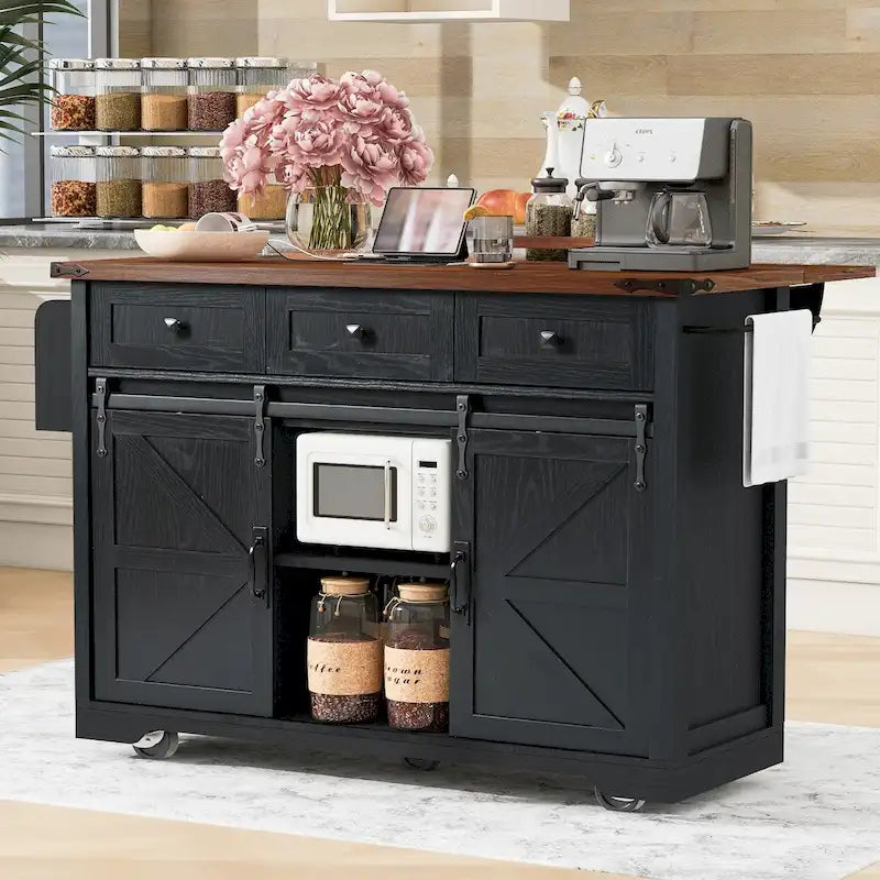 53.7 Farmhouse Kitchen Island with Power Outlets and 2 Sliding Barn Doors