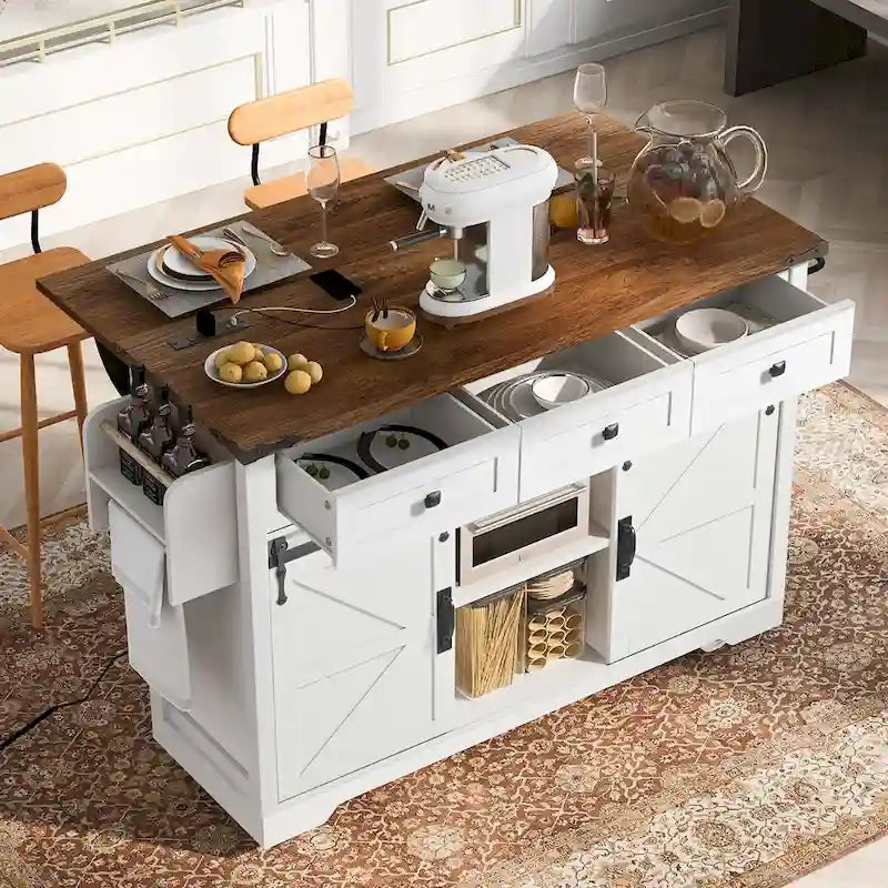 53.7 Farmhouse Kitchen Island with Power Outlets and 2 Sliding Barn Doors