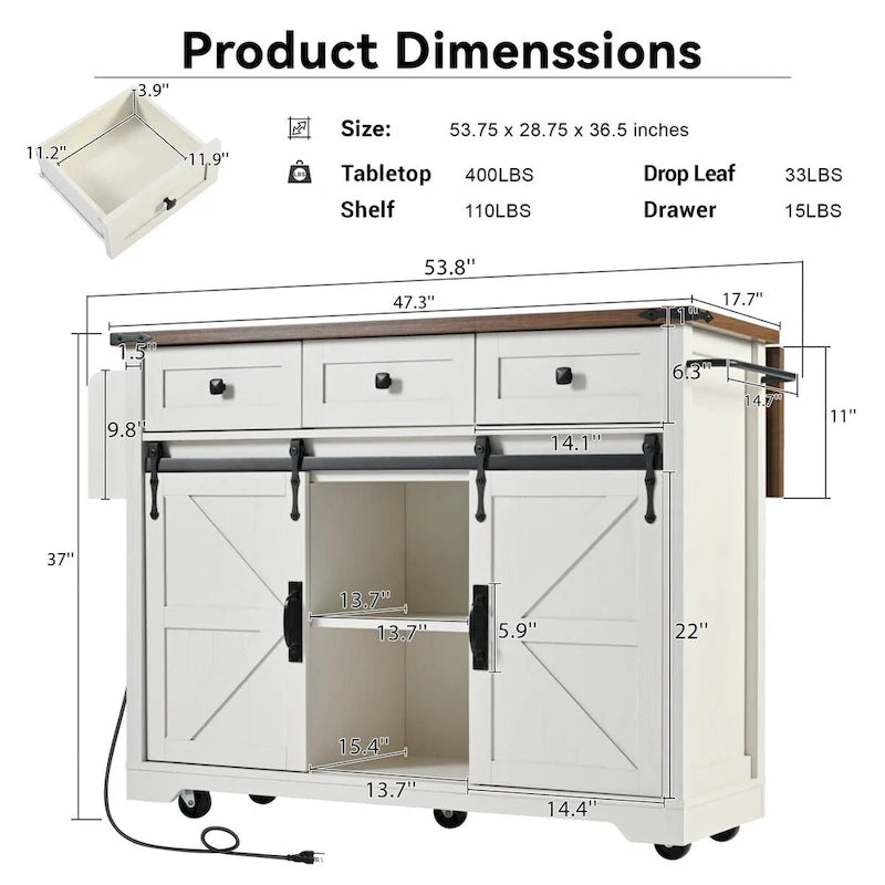 53.7 Farmhouse Kitchen Island with Power Outlets and 2 Sliding Barn Doors