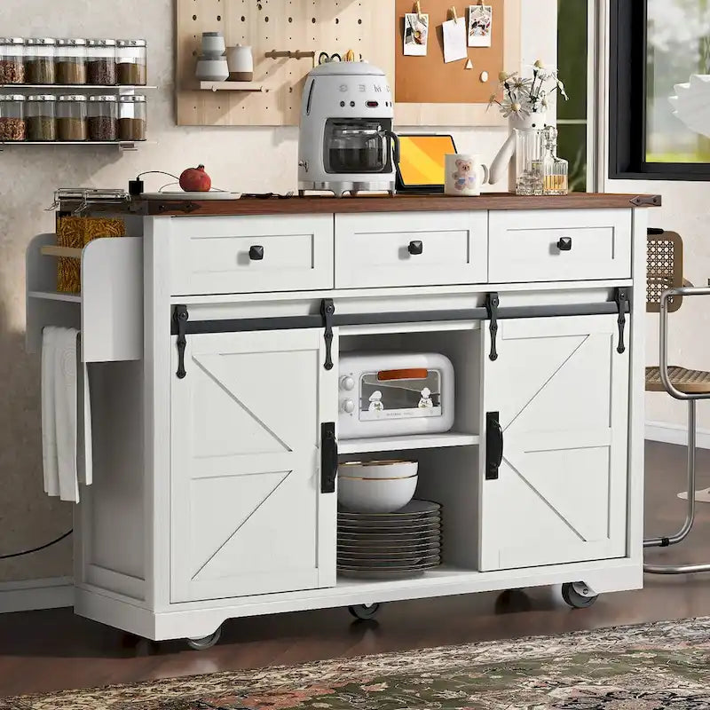 53.7 Farmhouse Kitchen Island with Power Outlets and 2 Sliding Barn Doors