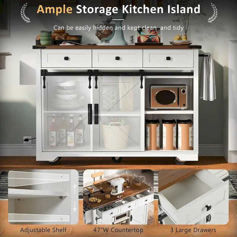 53.7 Farmhouse Kitchen Island with Power Outlets and 2 Sliding Barn Doors