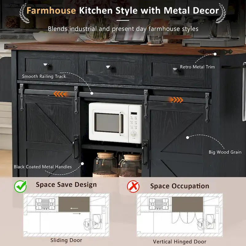 53.7 Farmhouse Kitchen Island with Power Outlets and 2 Sliding Barn Doors