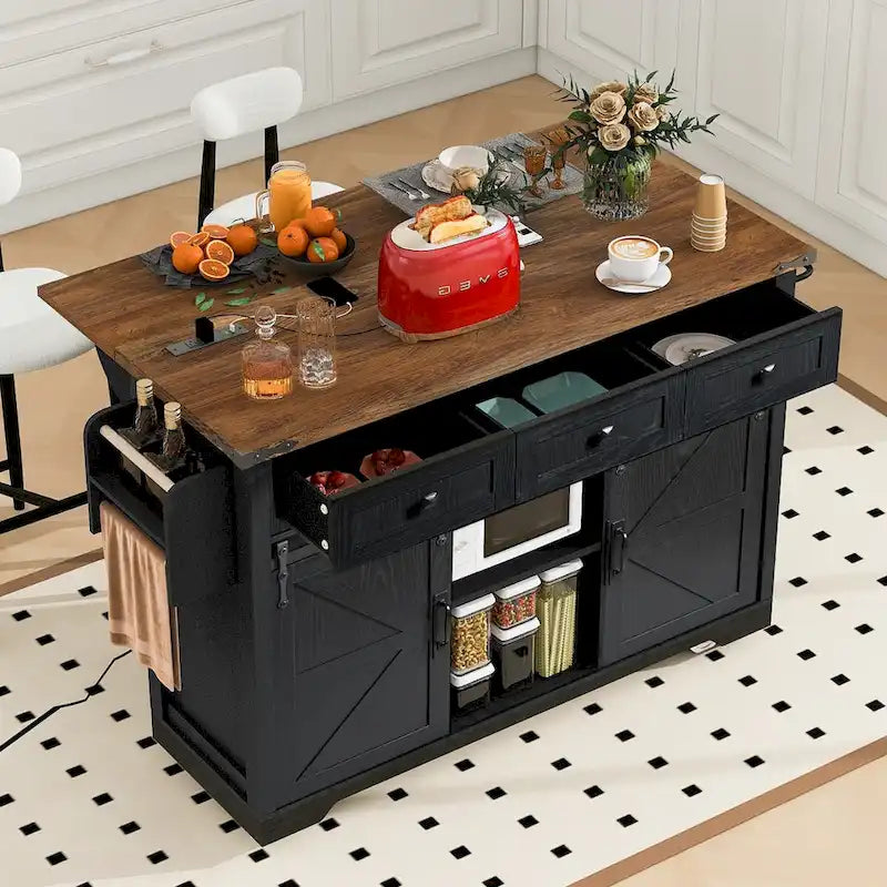 53.7 Farmhouse Kitchen Island with Power Outlets and 2 Sliding Barn Doors