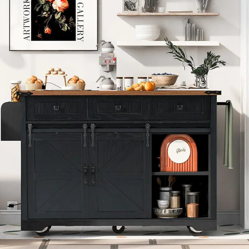 53.7 Farmhouse Kitchen Island with Power Outlets and 2 Sliding Barn Doors