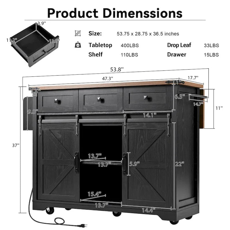 53.7 Farmhouse Kitchen Island with Power Outlets and 2 Sliding Barn Doors