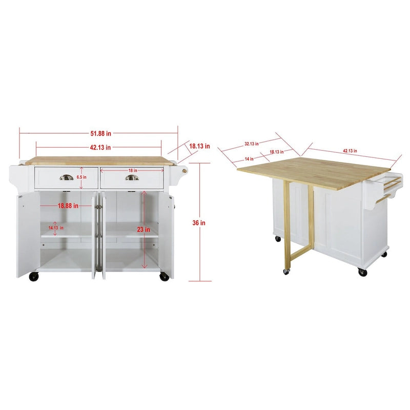 Natural Wood Top Kitchen Island with Storage, Easy-Glide Drawers and Heavy-Duty Casters