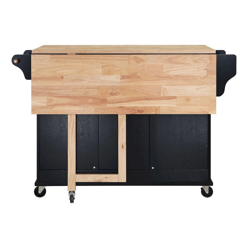Natural Wood Top Kitchen Island with Storage, Easy-Glide Drawers and Heavy-Duty Casters